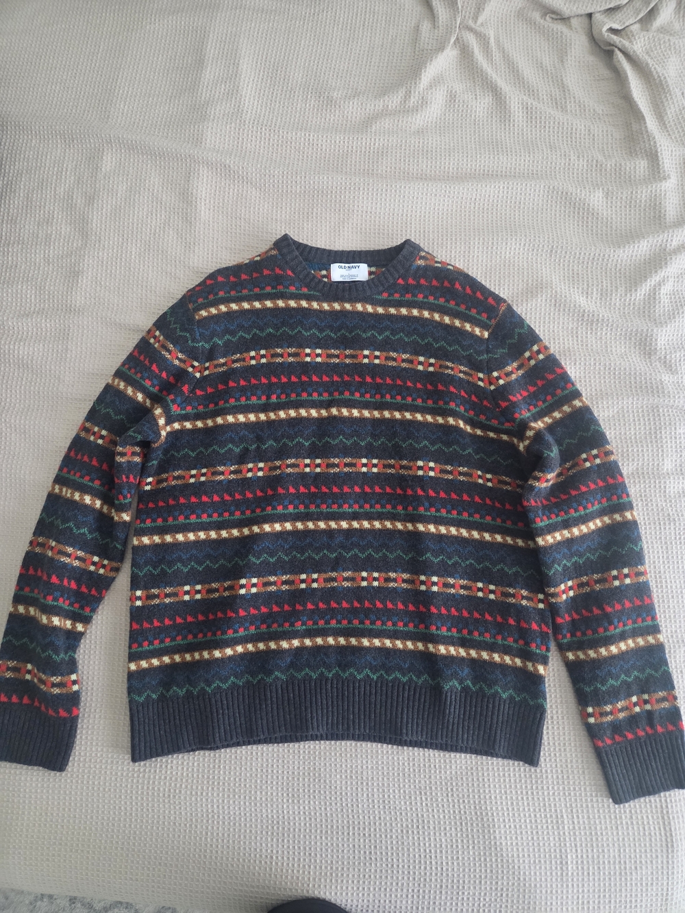 Old Navy Dark Navy Crewneck Sweater with Red, Gold & Green Stripes